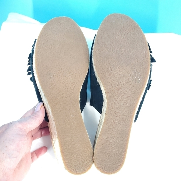 UGG black suede fringe wedge sandals 10 - Picture 13 of 15